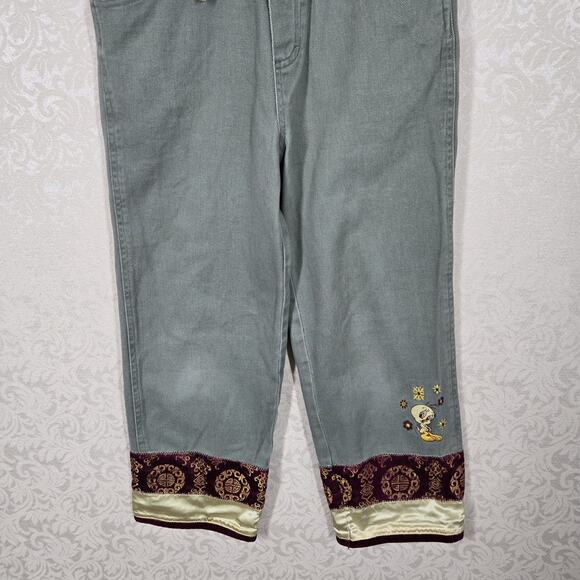 VTG 90s Looney Tunes Tweety Bird Embroidered Bib Overalls sz 7/8 Green Kidcore - Picture 4 of 16